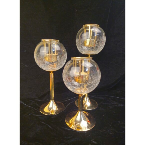 Elegant Vintage Gold & Glass Crackle Candle Holders Set Of 3 With Tall Stems & T - Picture 1 of 6